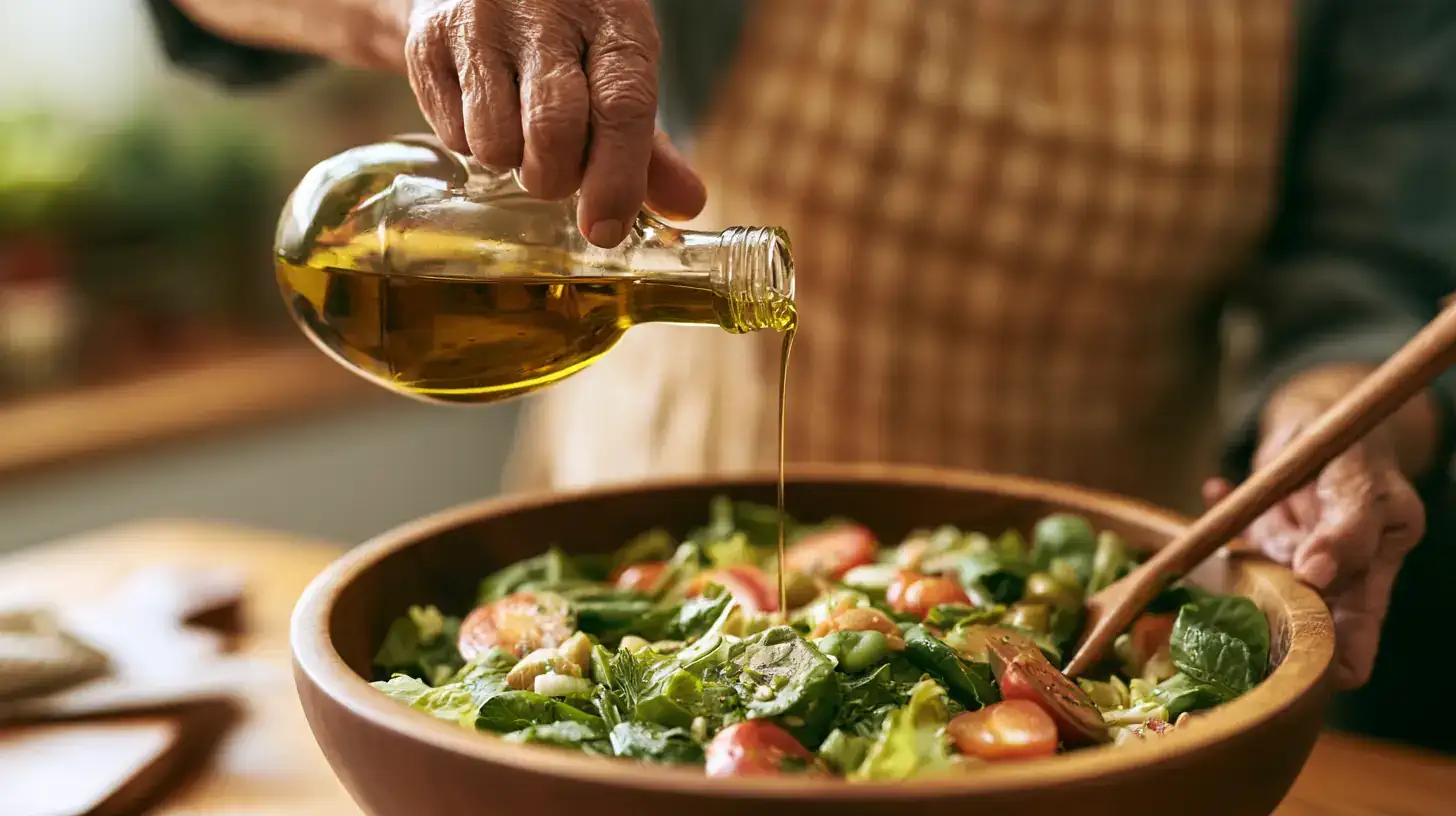 A Latina woman in her seventies pouring olive oil over a salad in a wooden bowl