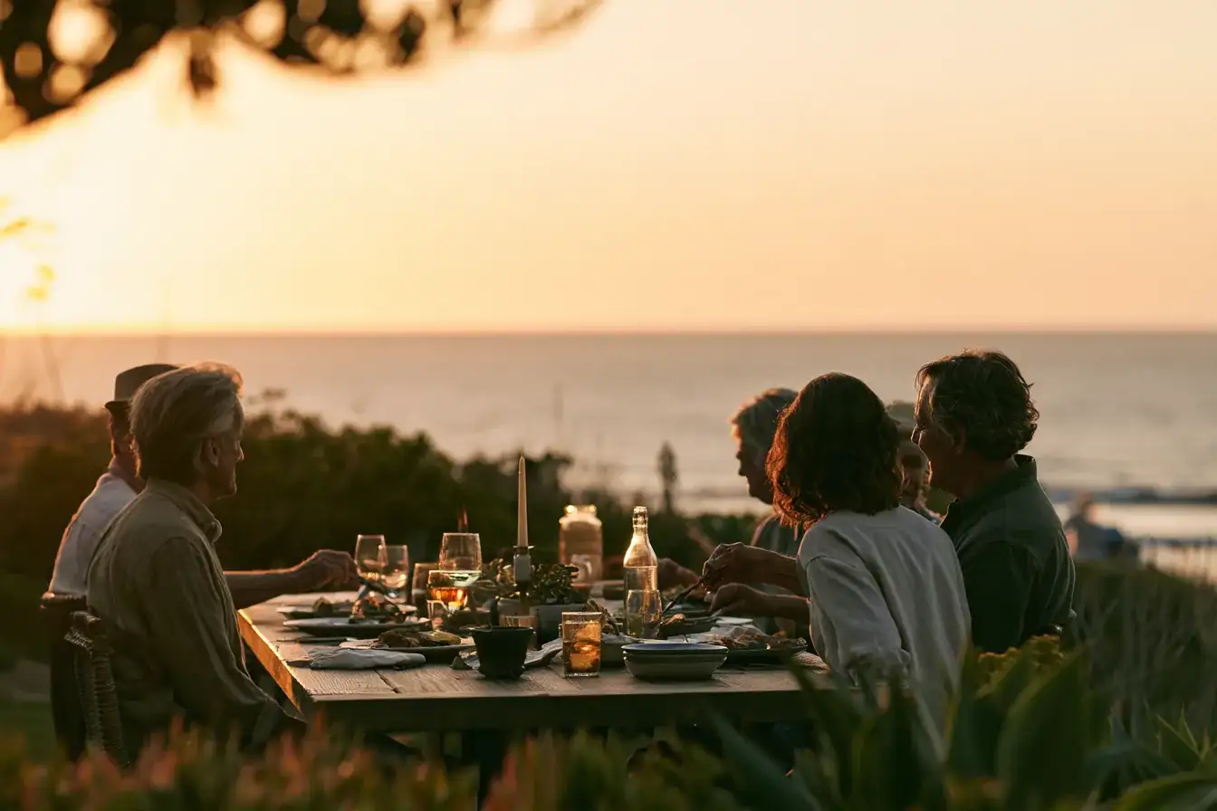 A group of friends in their seventies sharing a meal outdoors at golden hour