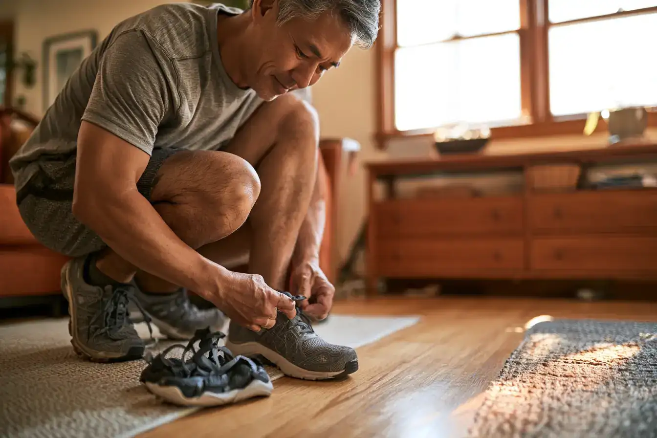 An Asian man in his fifties lacing shoes for an early walk while the house is quiet