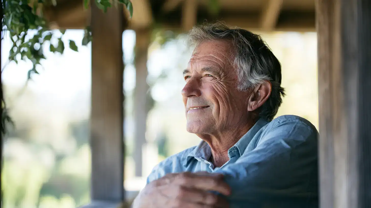 A white man in his seventies settling into a quiet room, door closing behind