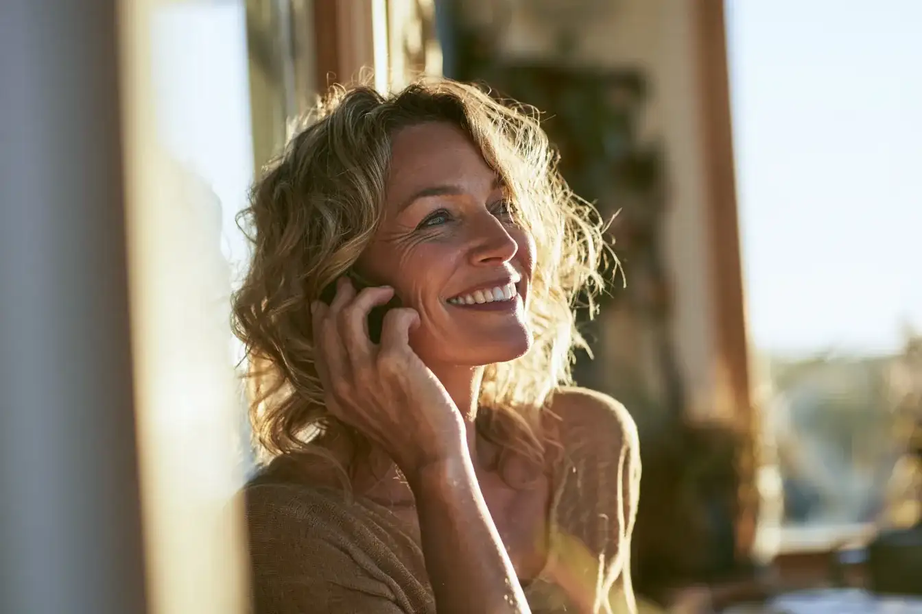 A woman in her fifties on the phone at home