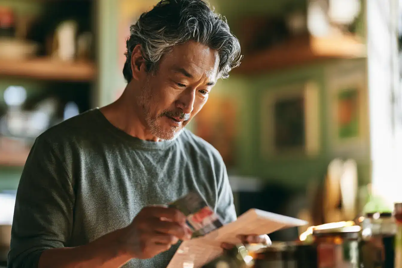 An Asian man in his fifties checking a label against a written list