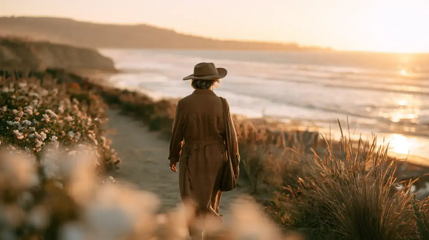 A woman in her late seventies walking happily along a familia
