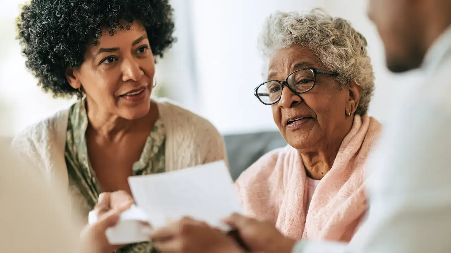 A Black woman in her fifties and her mother in her late seventies laughing at the kitchen counter mid-argument about a recipe