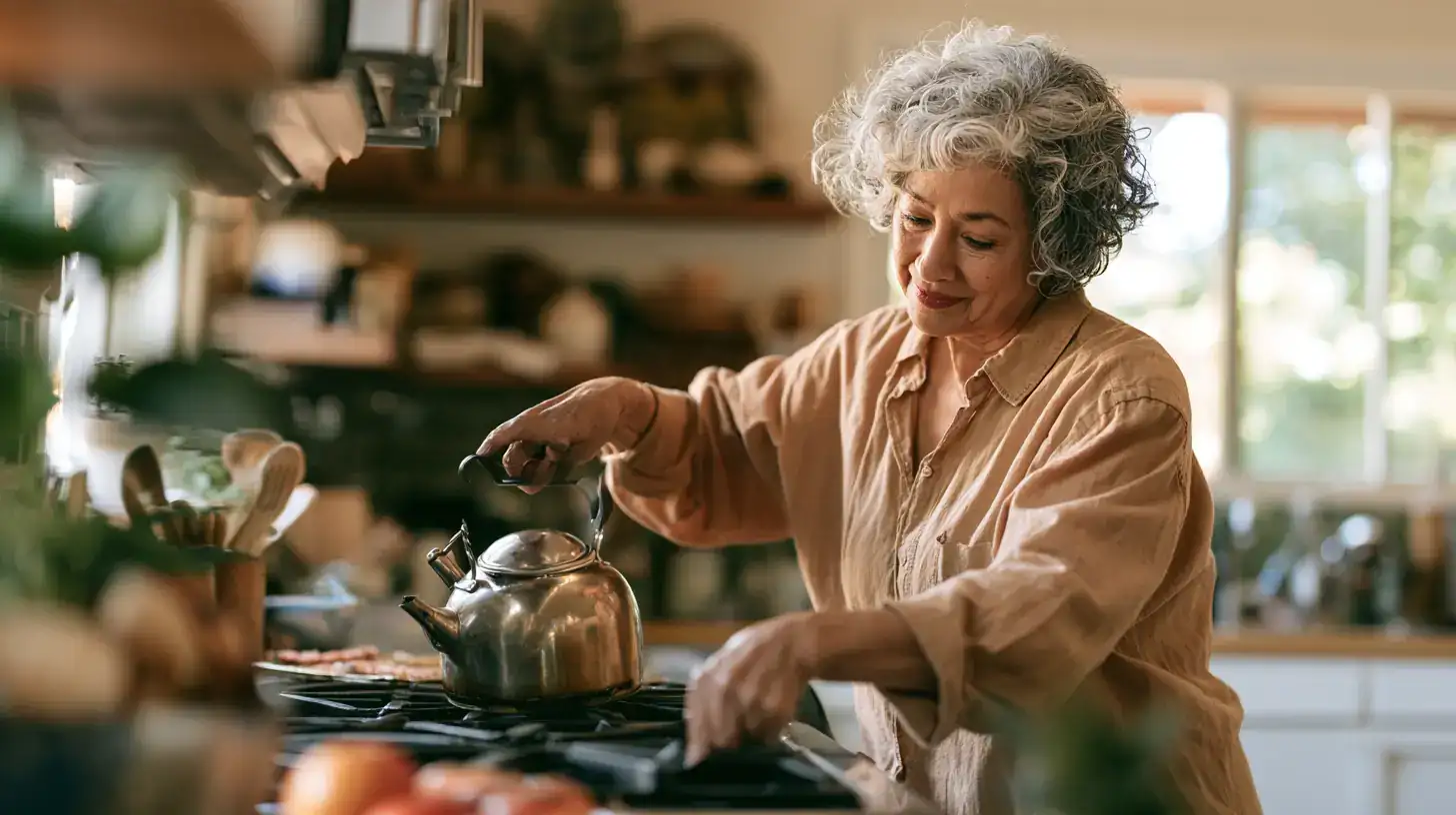 A Latina woman in her sixties putting the kettle on in a sunlit kitchen