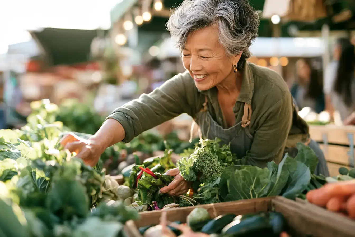 An Asian woman in her seventies filling a bird feeder in the garden