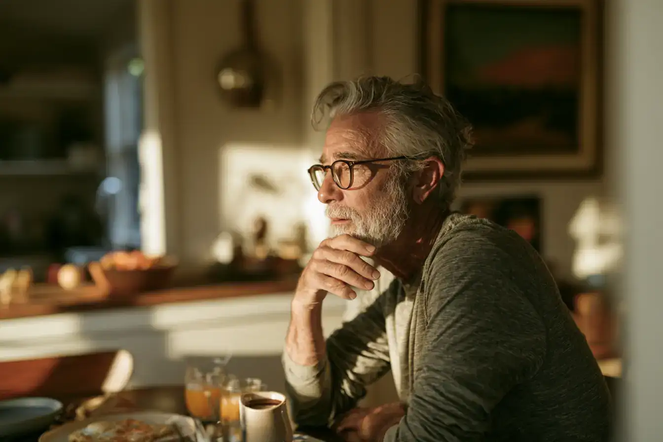 A white man in his seventies at a breakfast table in dawn light