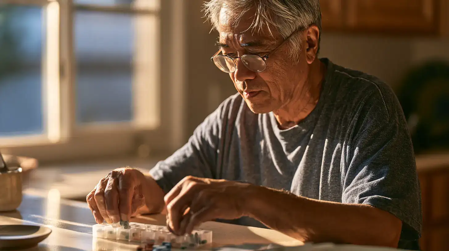 An Asian man in his late sixties comparing two packets at a pharmacy counter