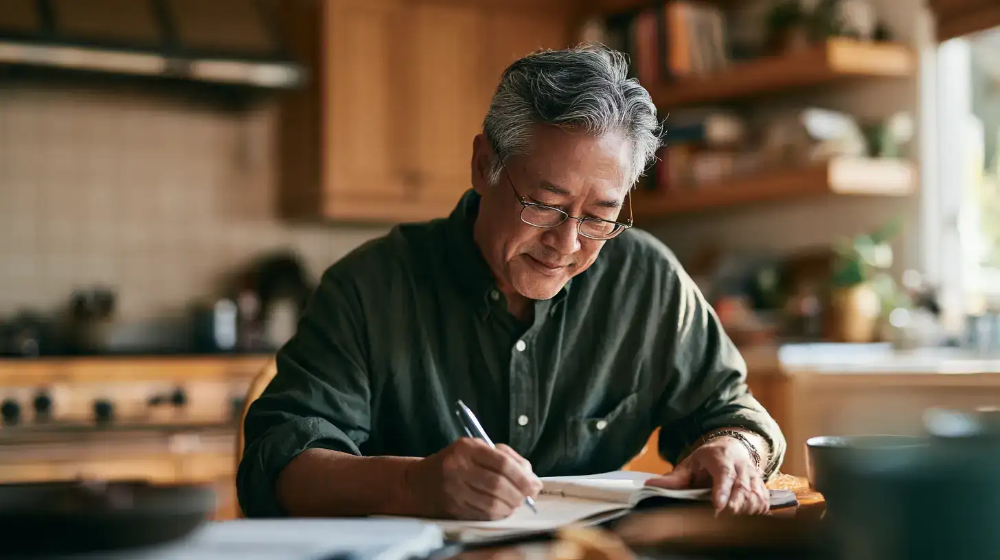 An Asian man in his late sixties hanging a picture, head tilted to judge it