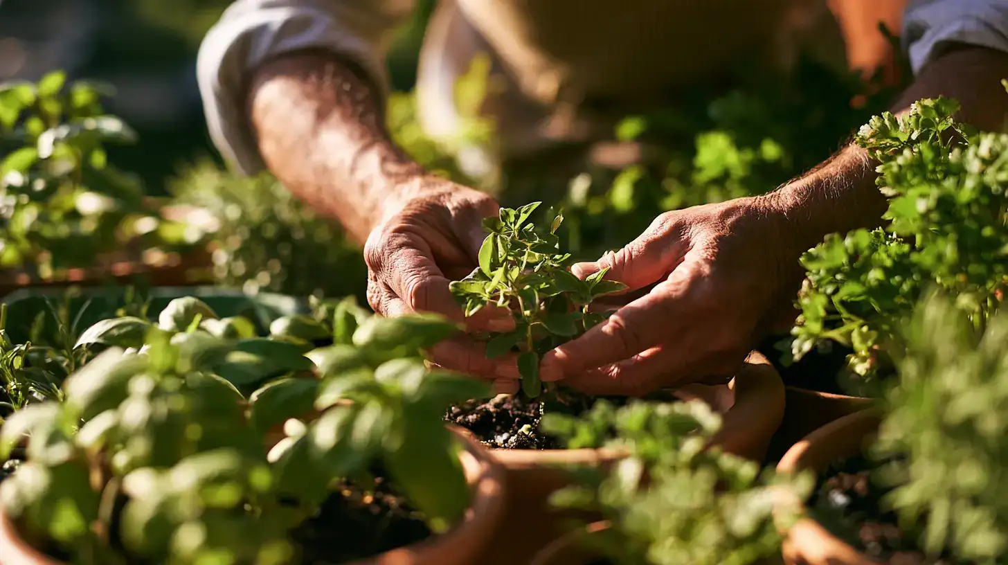 A white man in his seventies tending plants on a sunny balcon