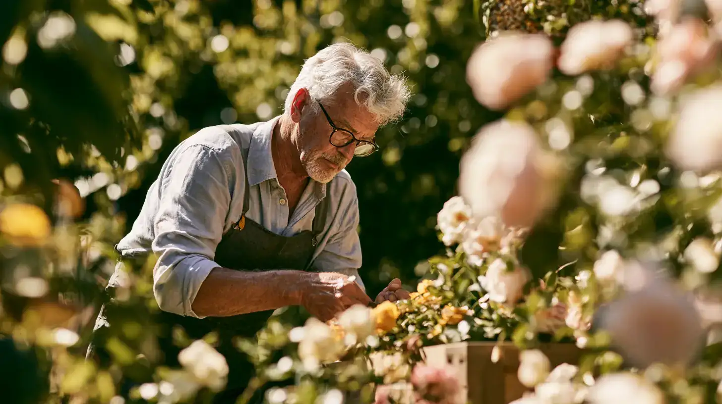 A white man in his seventies filling a bird feeder in the garden