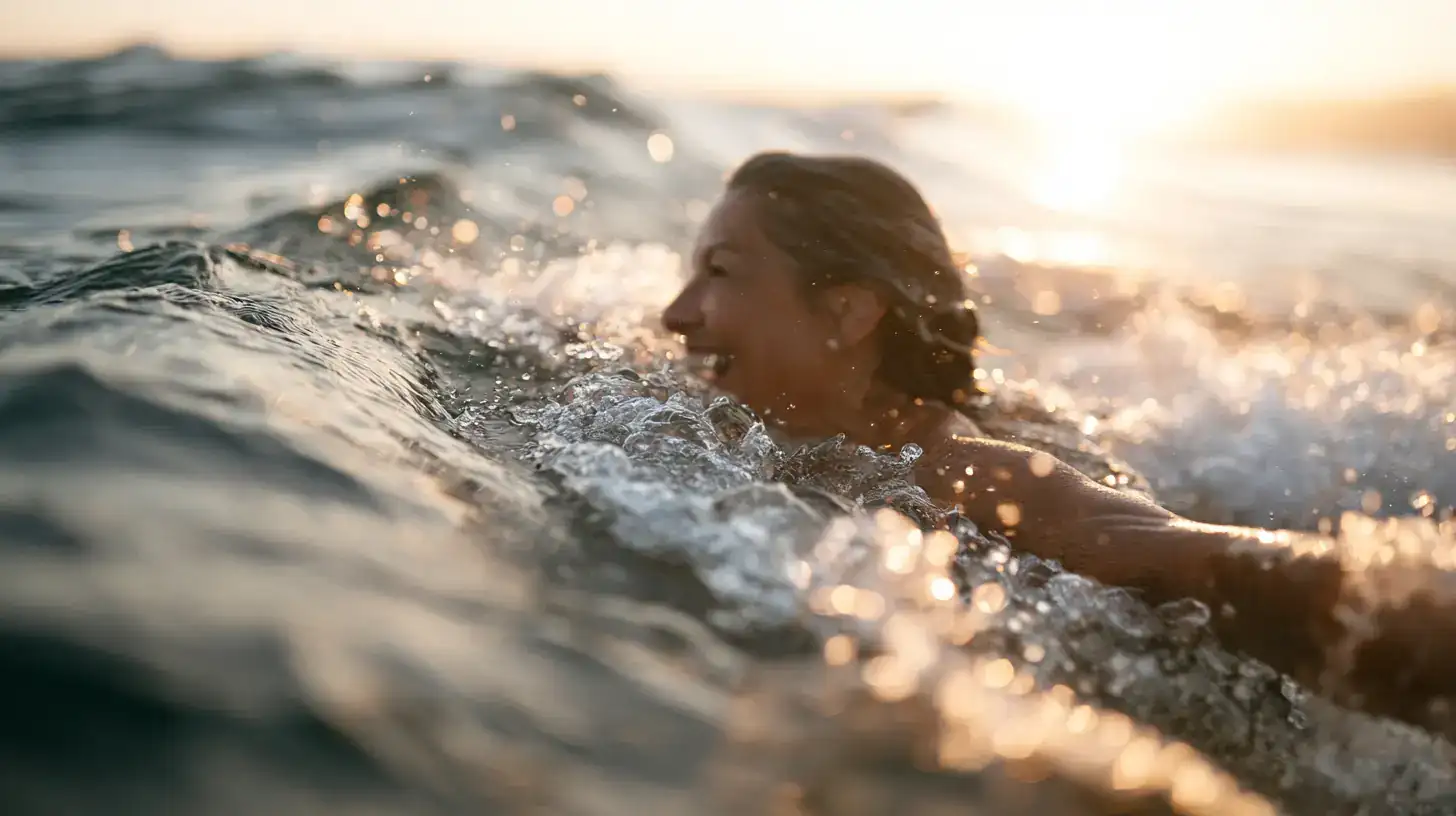 A Latina woman in her seventies swimming in the sea at dawn