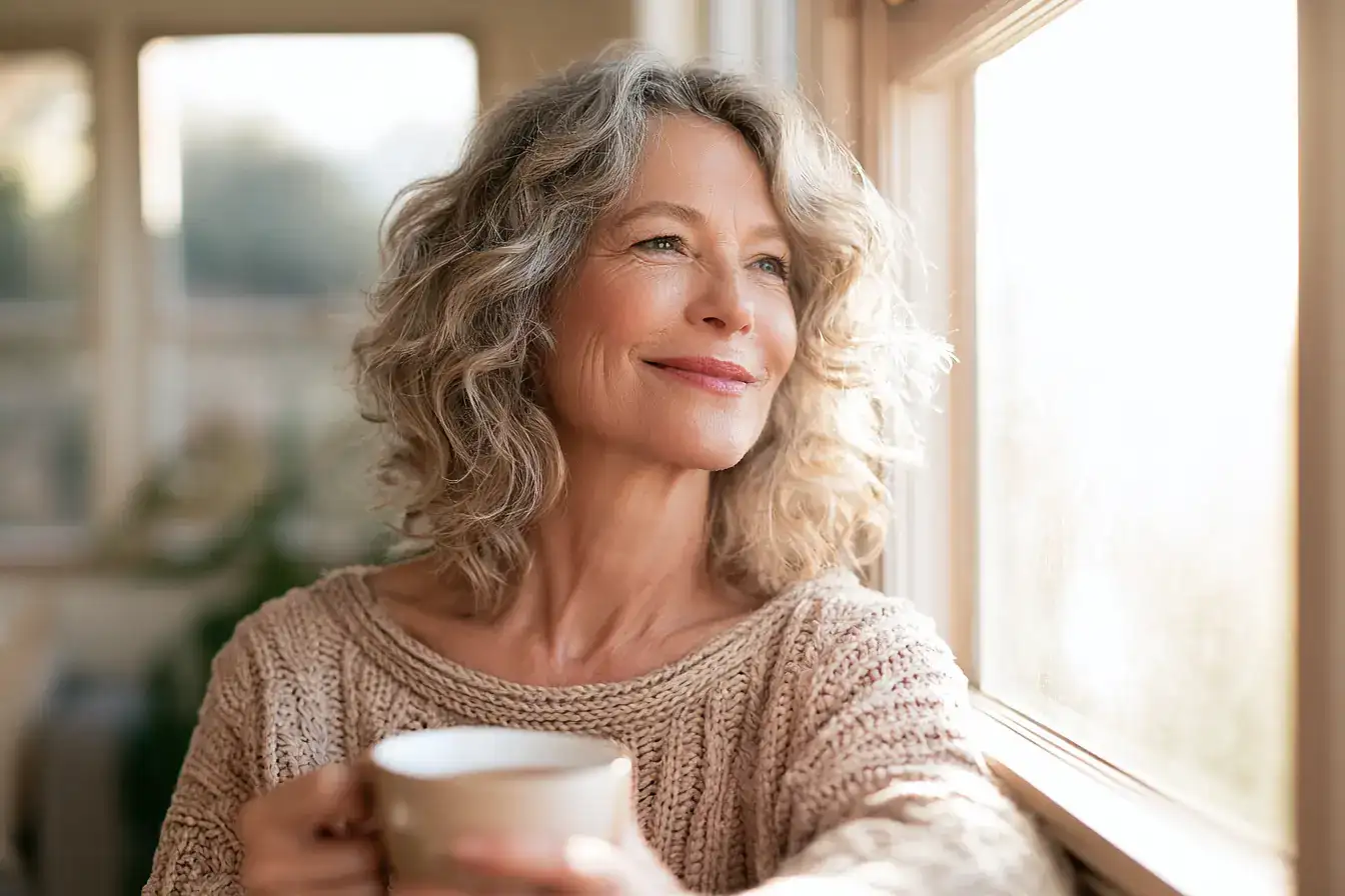 A white woman in her fifties adjusting a hearing aid before answering the door