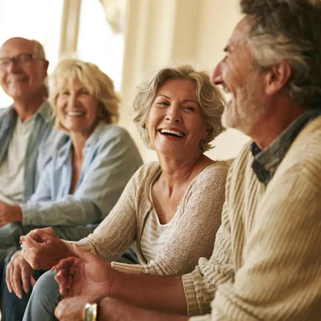 A support group of four adults in their fifties and sixties laughing together in a sunlit community room