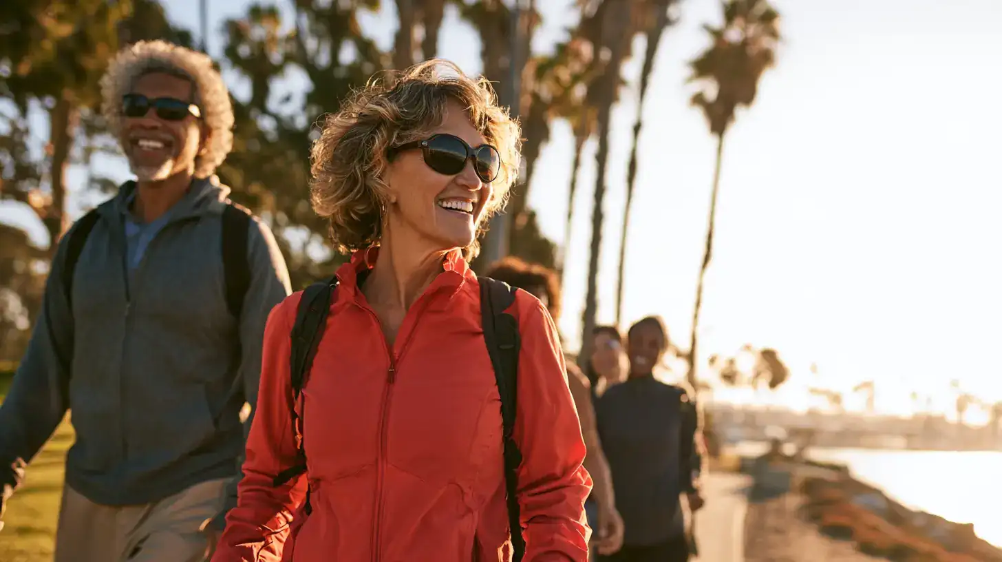 A group of mixed race people enjoying a walk along mission ba
