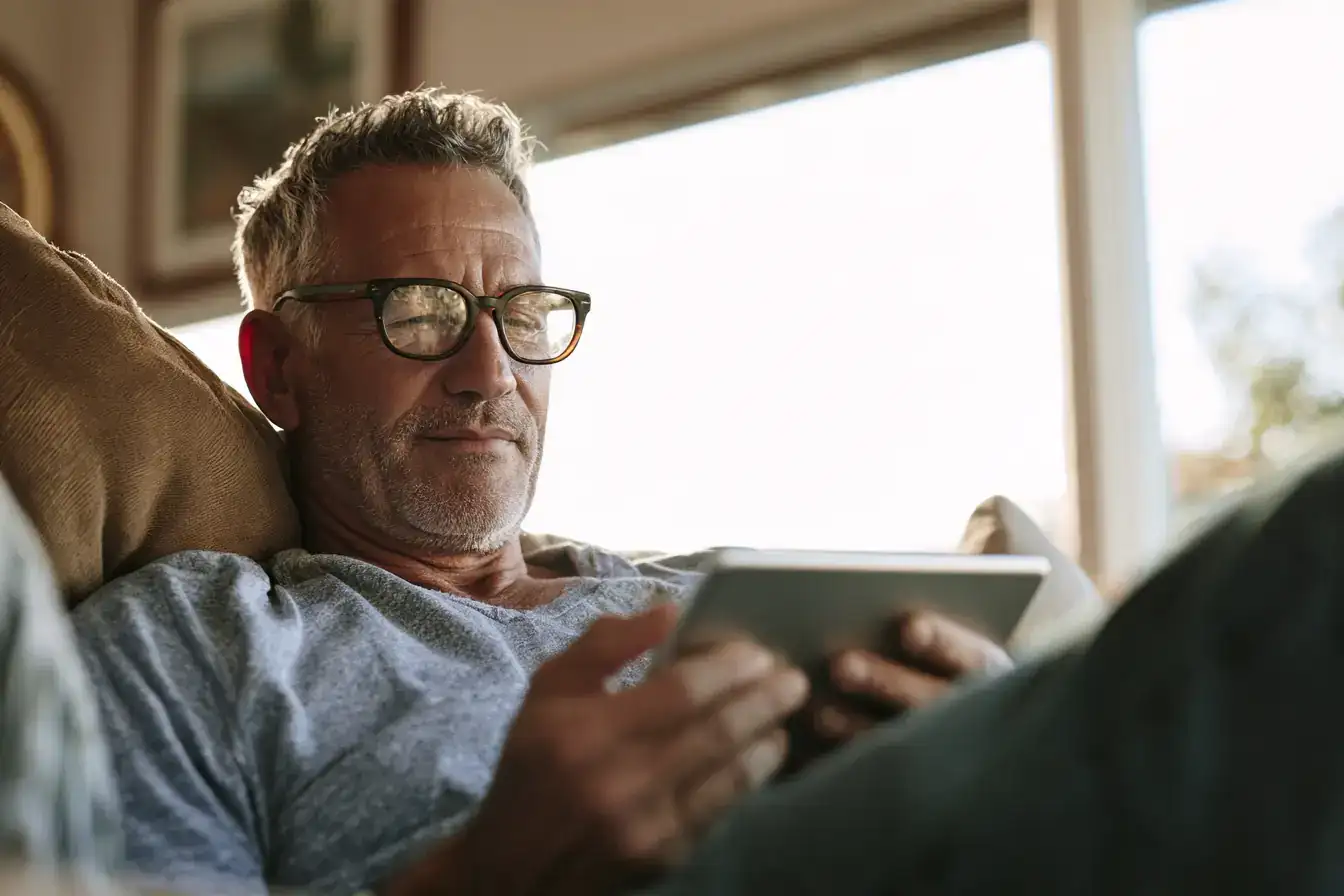 A white man in his seventies hanging a picture, head tilted to judge it