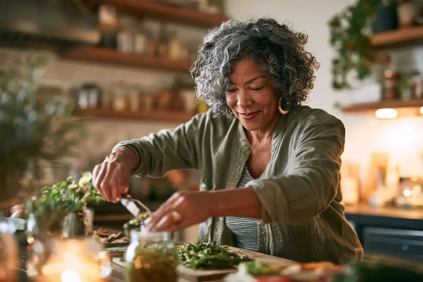 A Black woman in her fifties swapping the salt for a jar of herbs while cooking