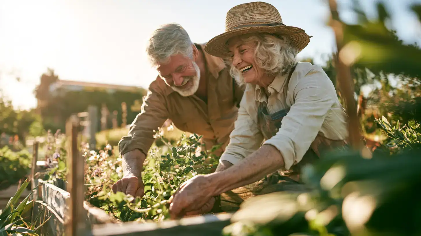 A couple in their seventies gardening together and laughing i