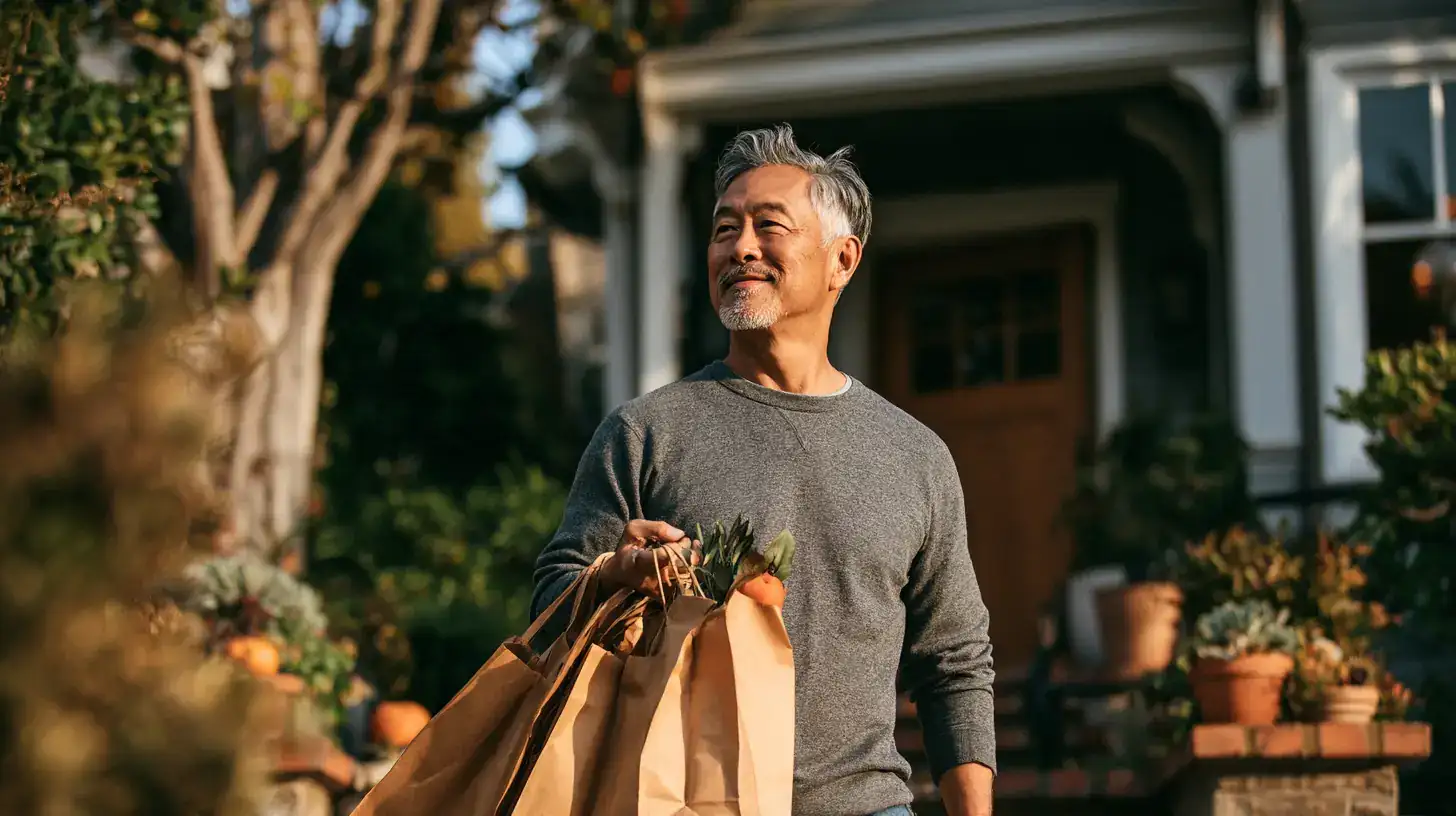 An Asian man in his late sixties carrying two full shopping bags up steps