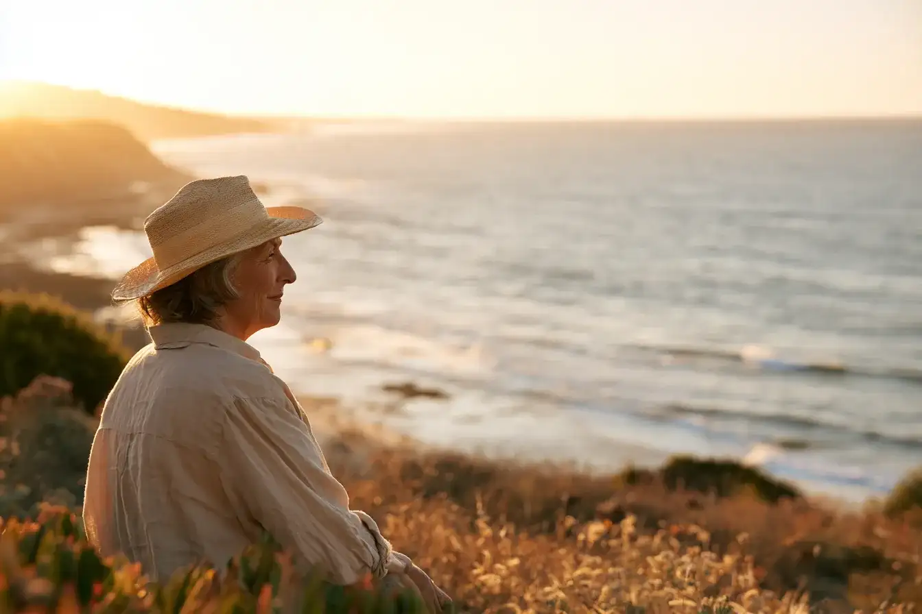 A woman in her mid seventies pausing to smile at the view on a coastal path at sunrise
