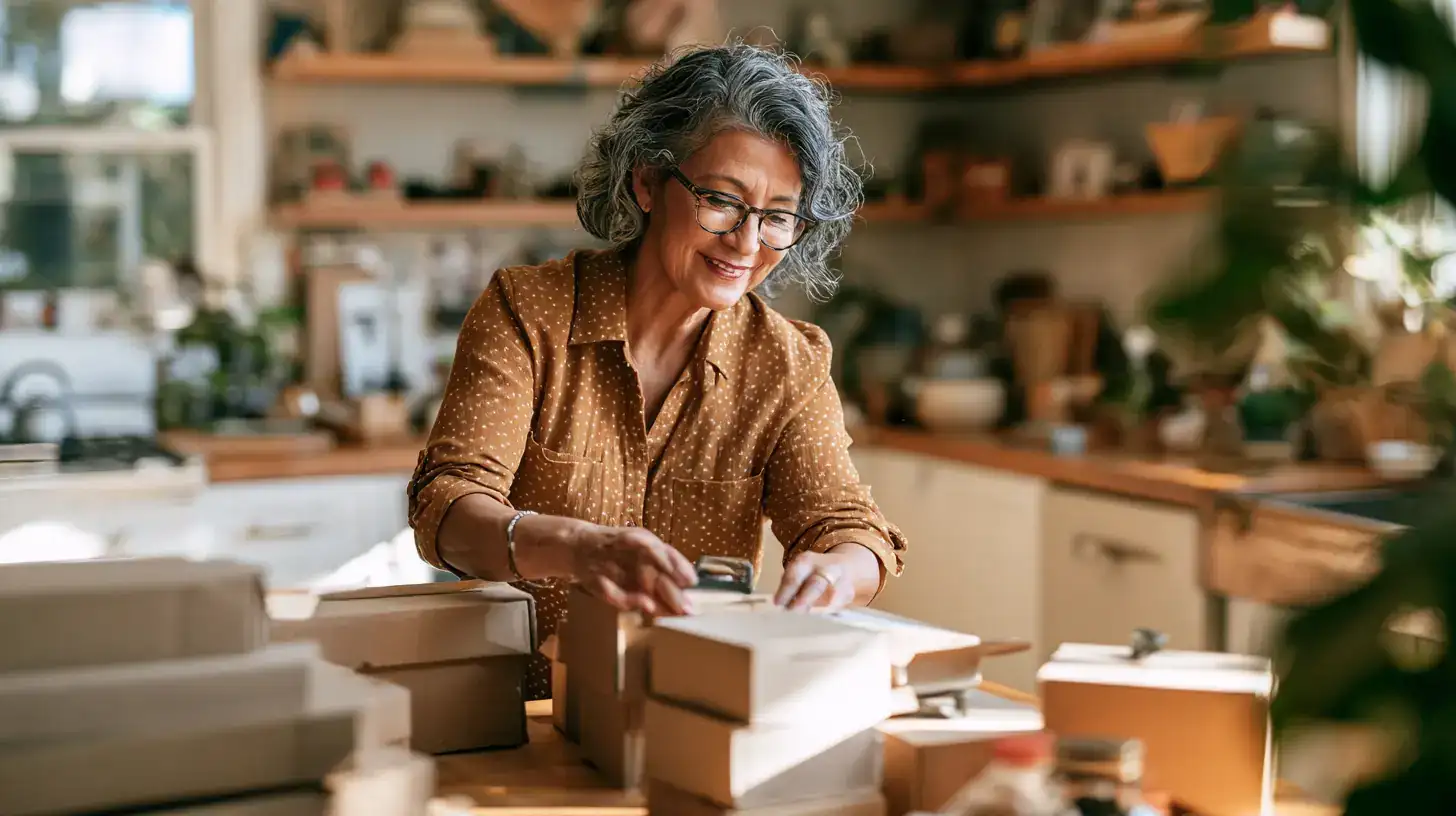A Latina woman in her sixties sorting boxes on a kitchen table into two piles