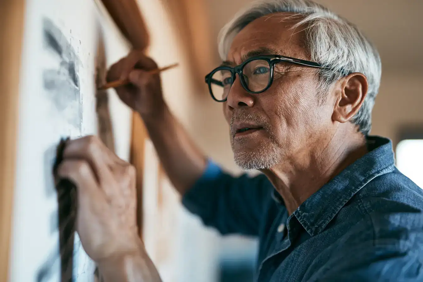 An Asian man in his late sixties crossing a date off a wall calendar