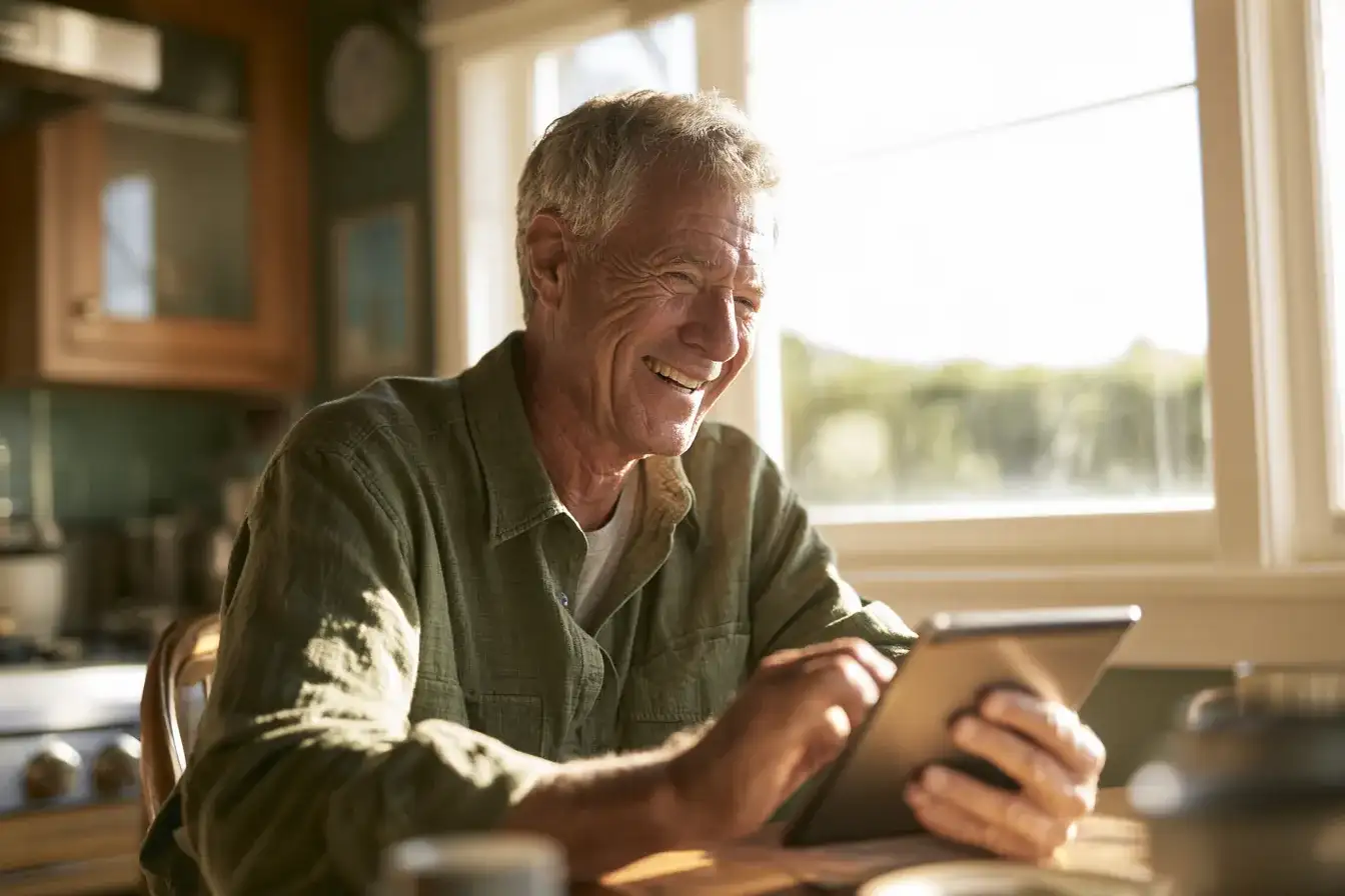 A man in his late seventies speaking into a tablet at a sunlit kitchen table