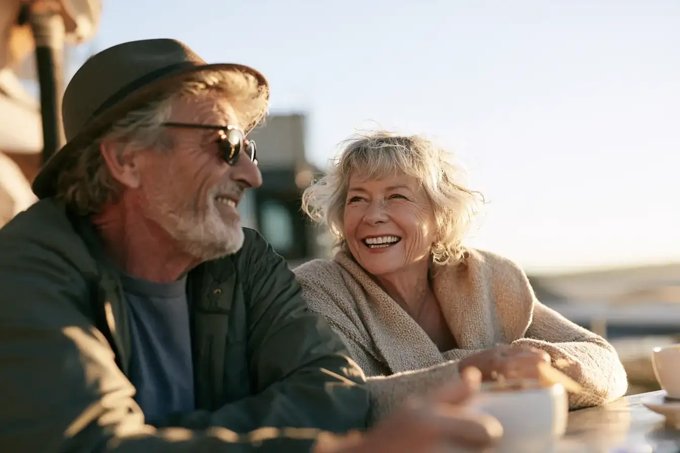 A couple in their seventies talking easily over coffee at a sunlit table