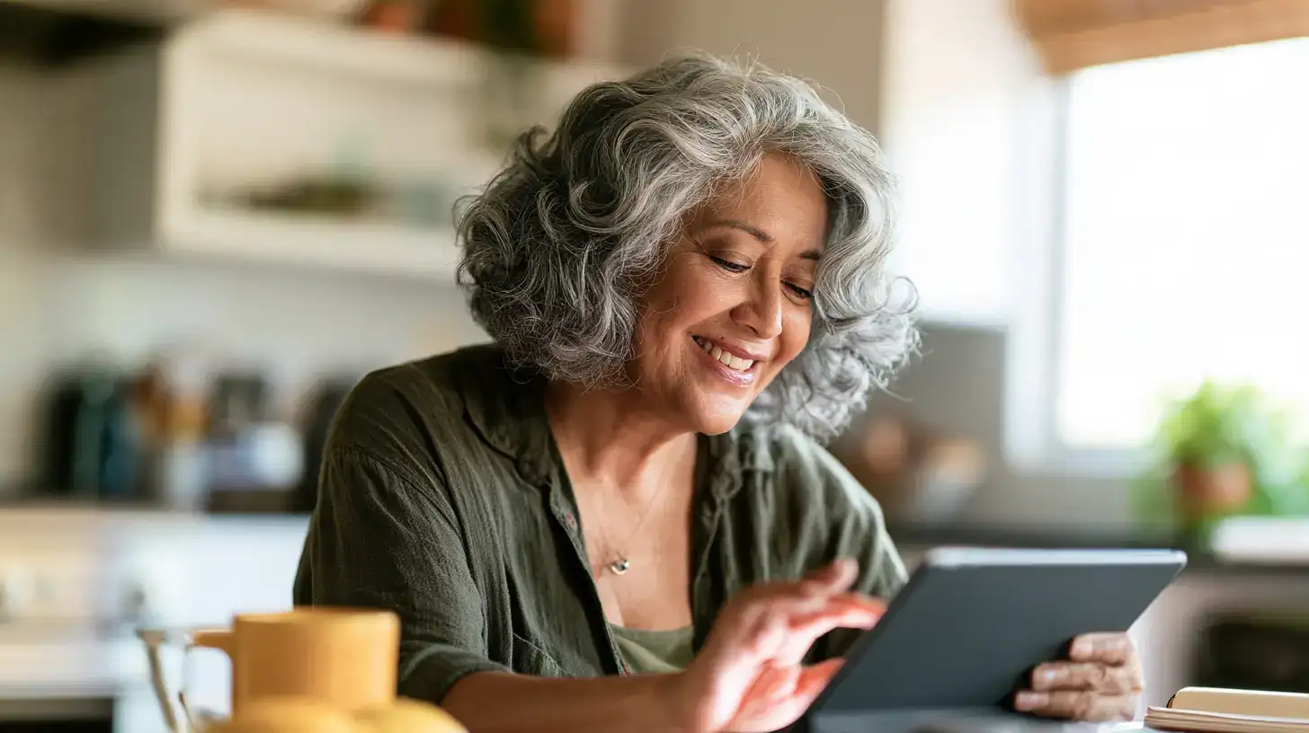 A Latina woman in her sixties looking up as someone comes into the room