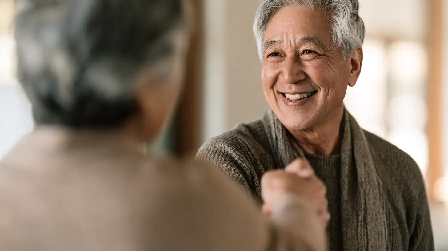 An Asian couple in their seventies shaking hands at the end of an appointment