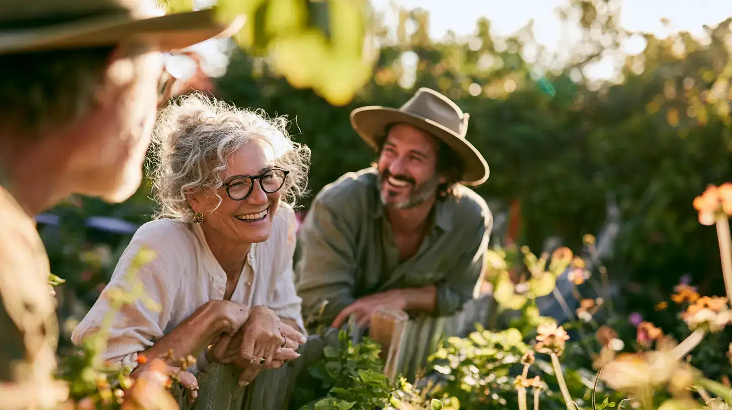 A white woman in her seventies and her adult son leaning over a garden fence mid-anecdote with a neighbour
