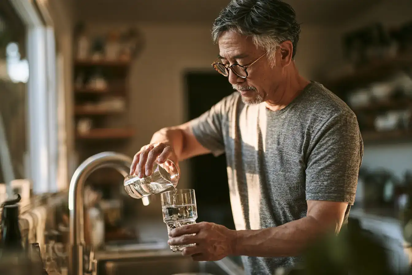 An Asian man in his late sixties refilling a water glass before bed