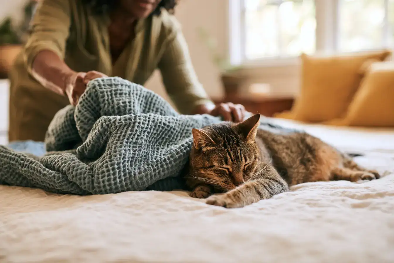 A Black woman in her seventies folding a blanket with a cat asleep on the bed