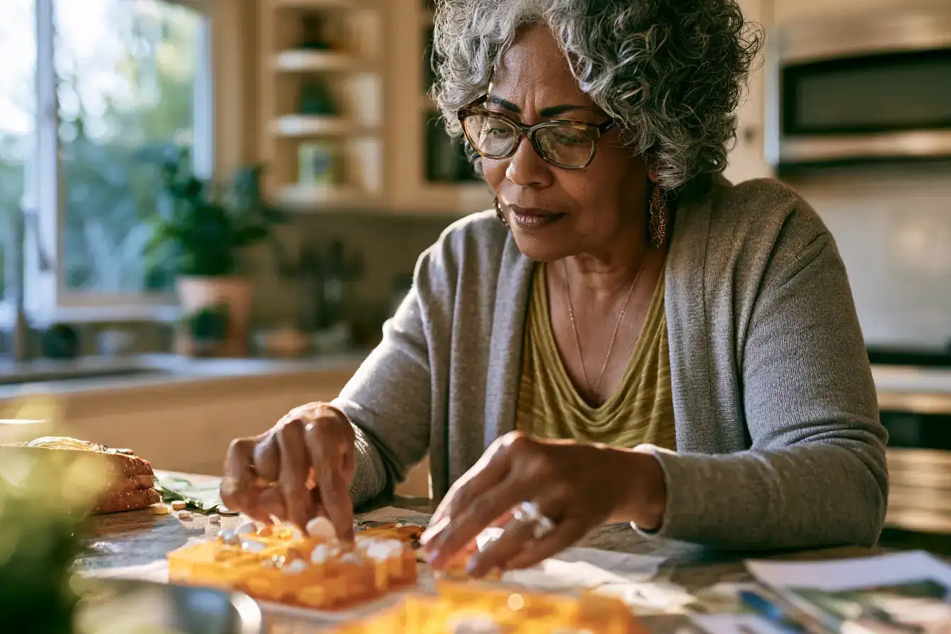 A Black woman in her fifties filling a weekly pill organiser at the kitchen table