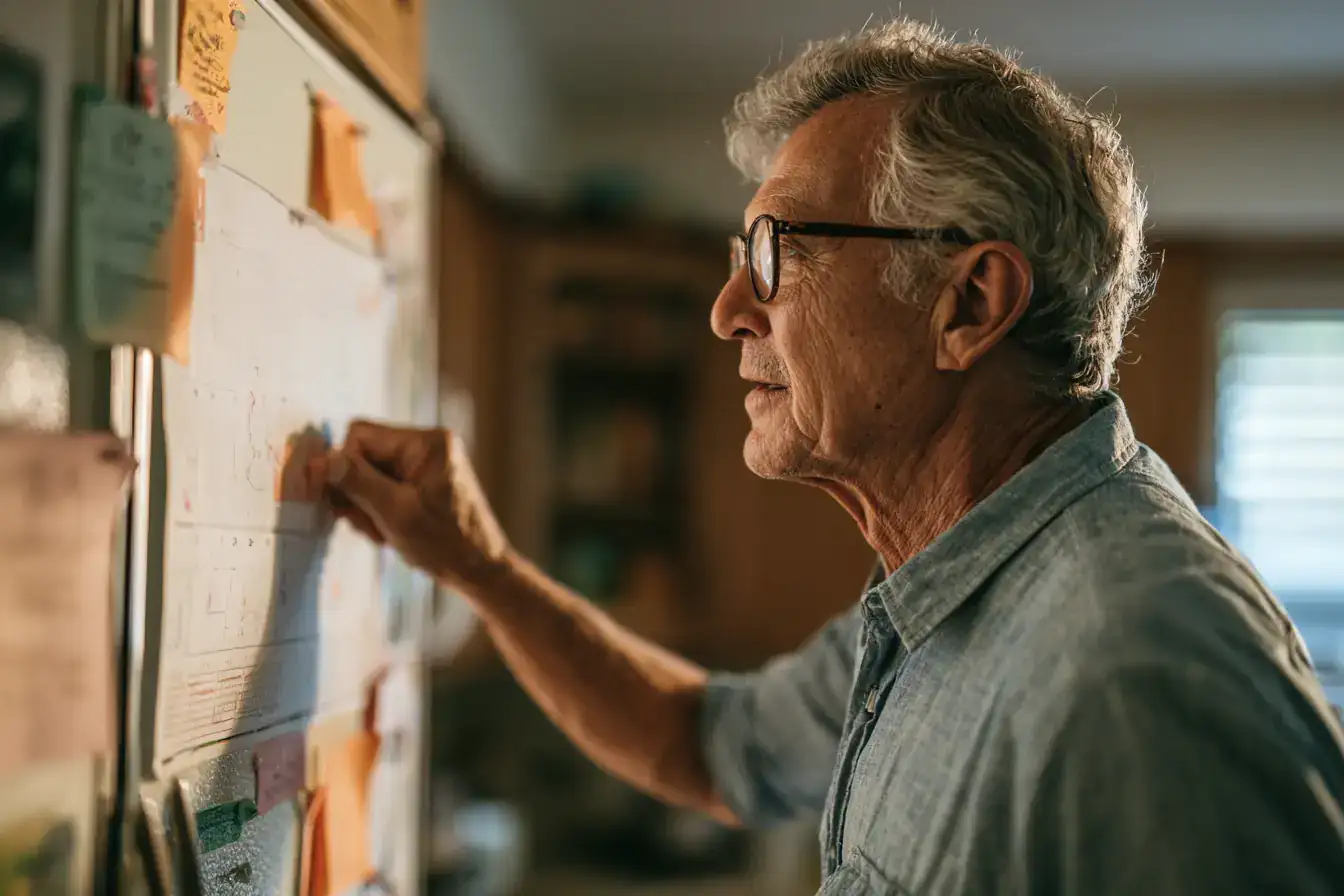 A white man in his seventies checking a calendar on the fridge for a date