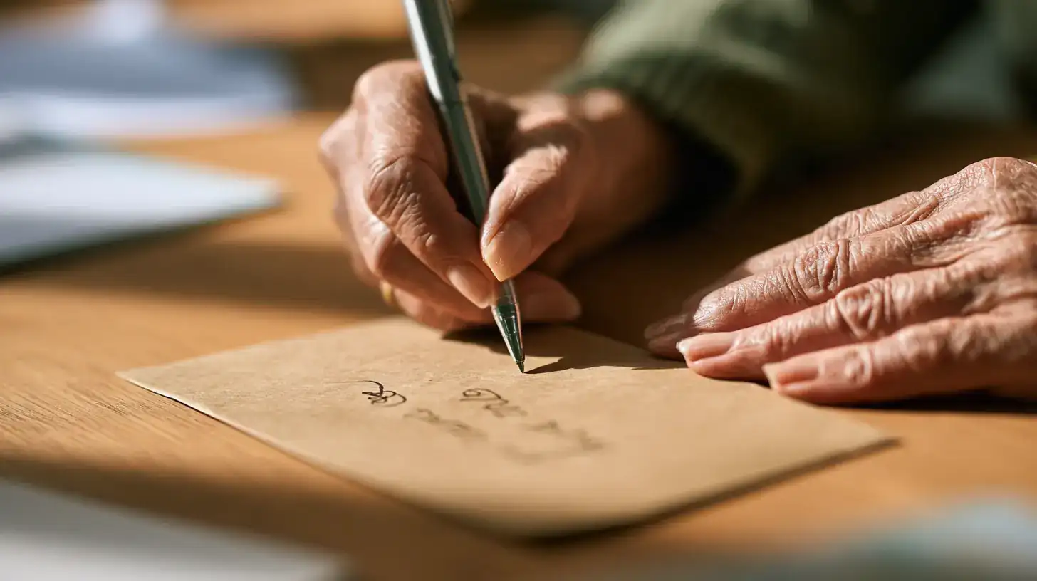 A Latina woman in her seventies writing a medicine name on the back of an envelope