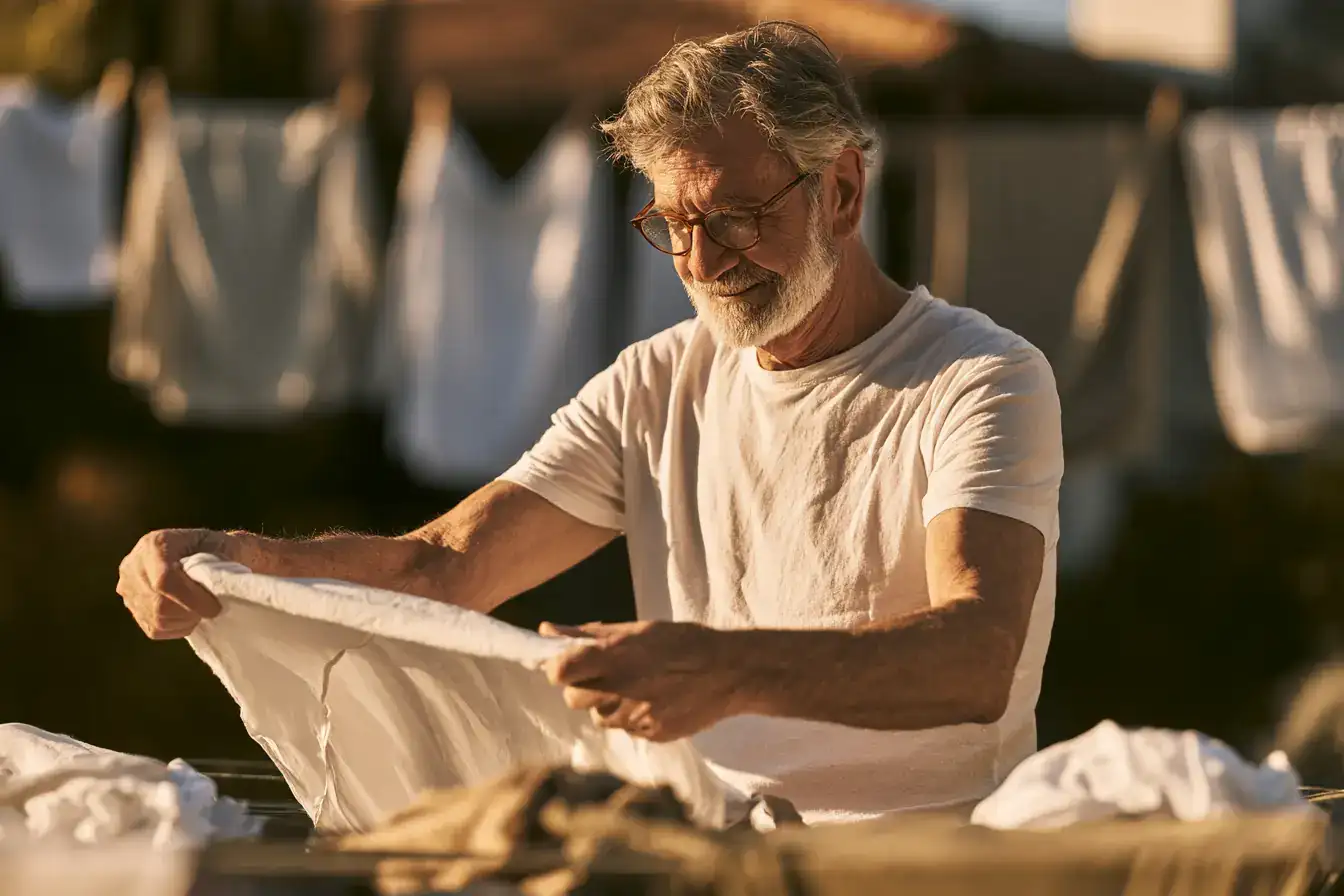 A white man in his seventies folding laundry warm from the line