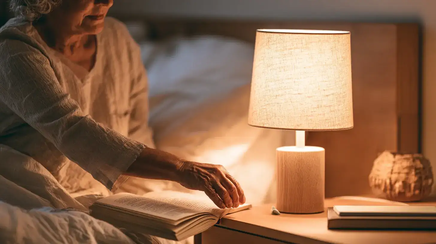 A Latina woman in her sixties switching off a bedside lamp, book face down