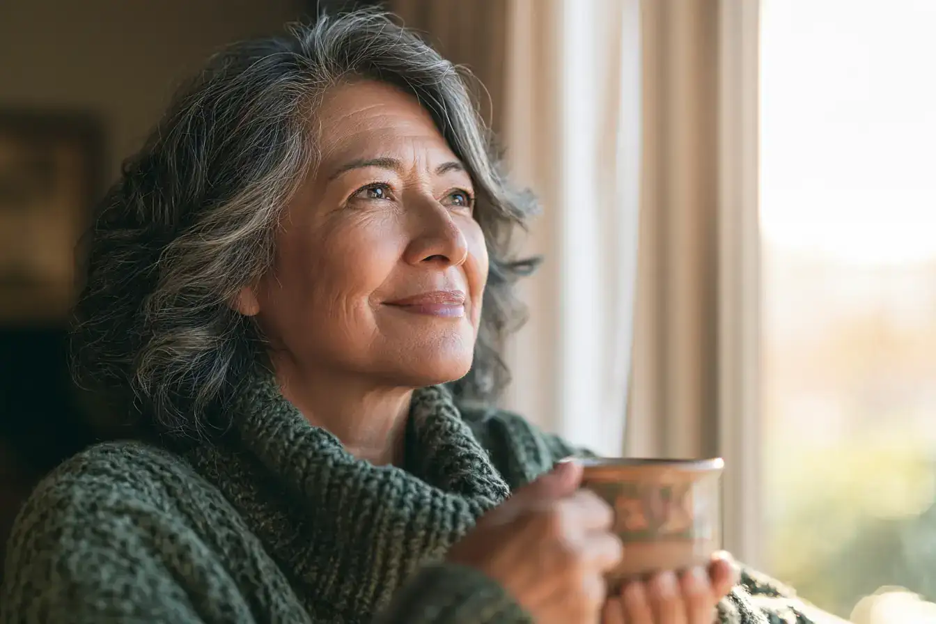 A Latina woman in her sixties folding laundry warm from the line