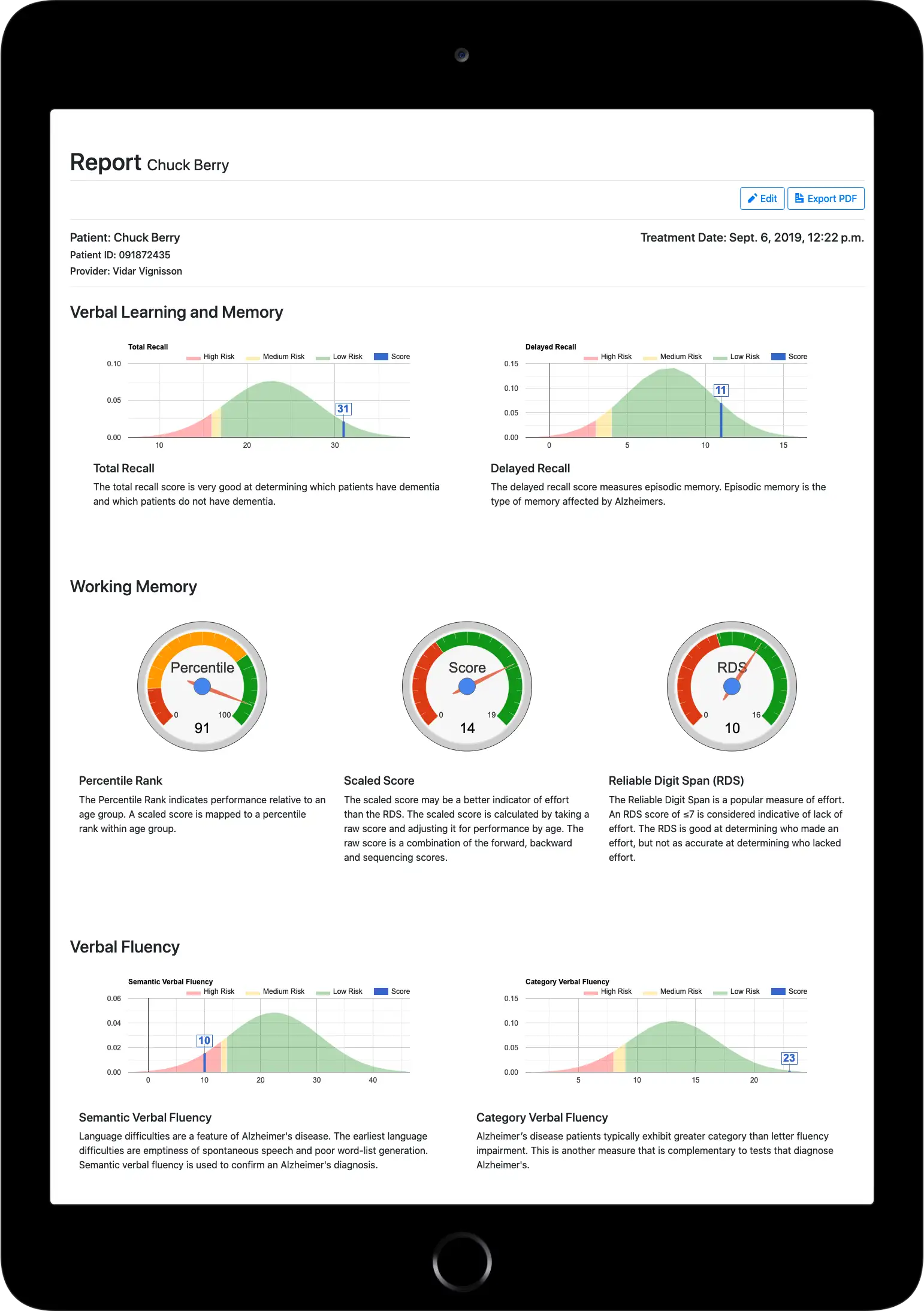 An example Memory Exam report shown on an iPad