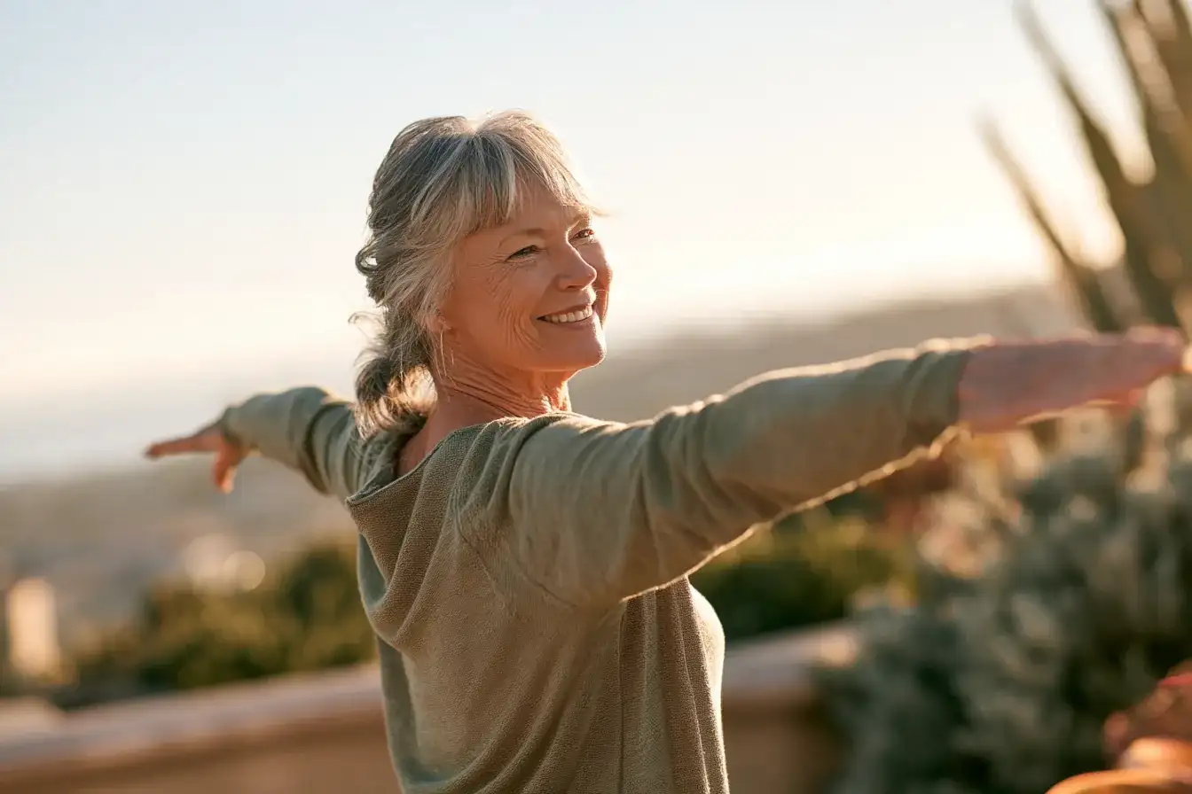 A woman in her seventies doing gentle morning exercises on a sunlit patio