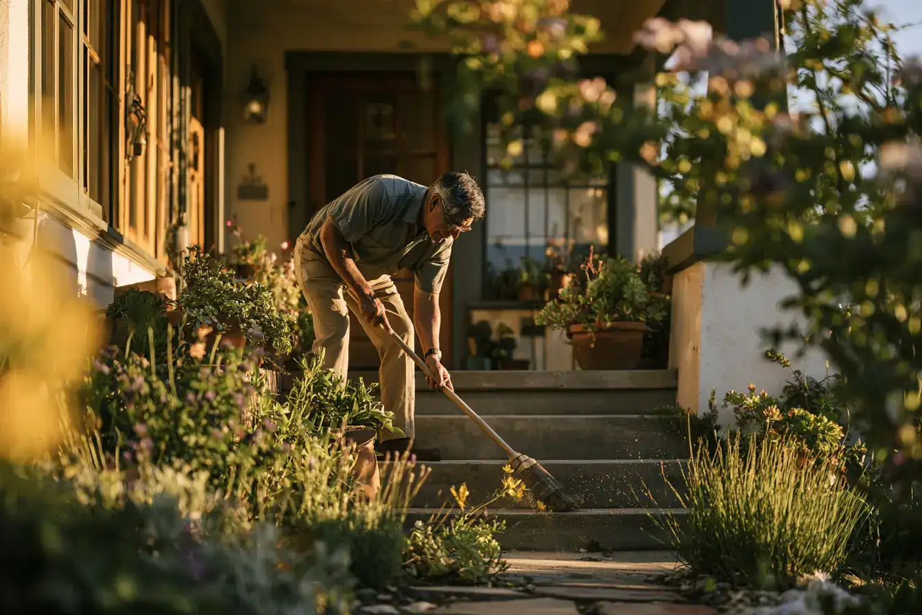 A Latino man in his seventies sweeping a front step in morning light