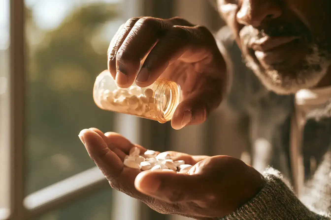 A Black man in his fifties tipping tablets into a palm by a sunny window