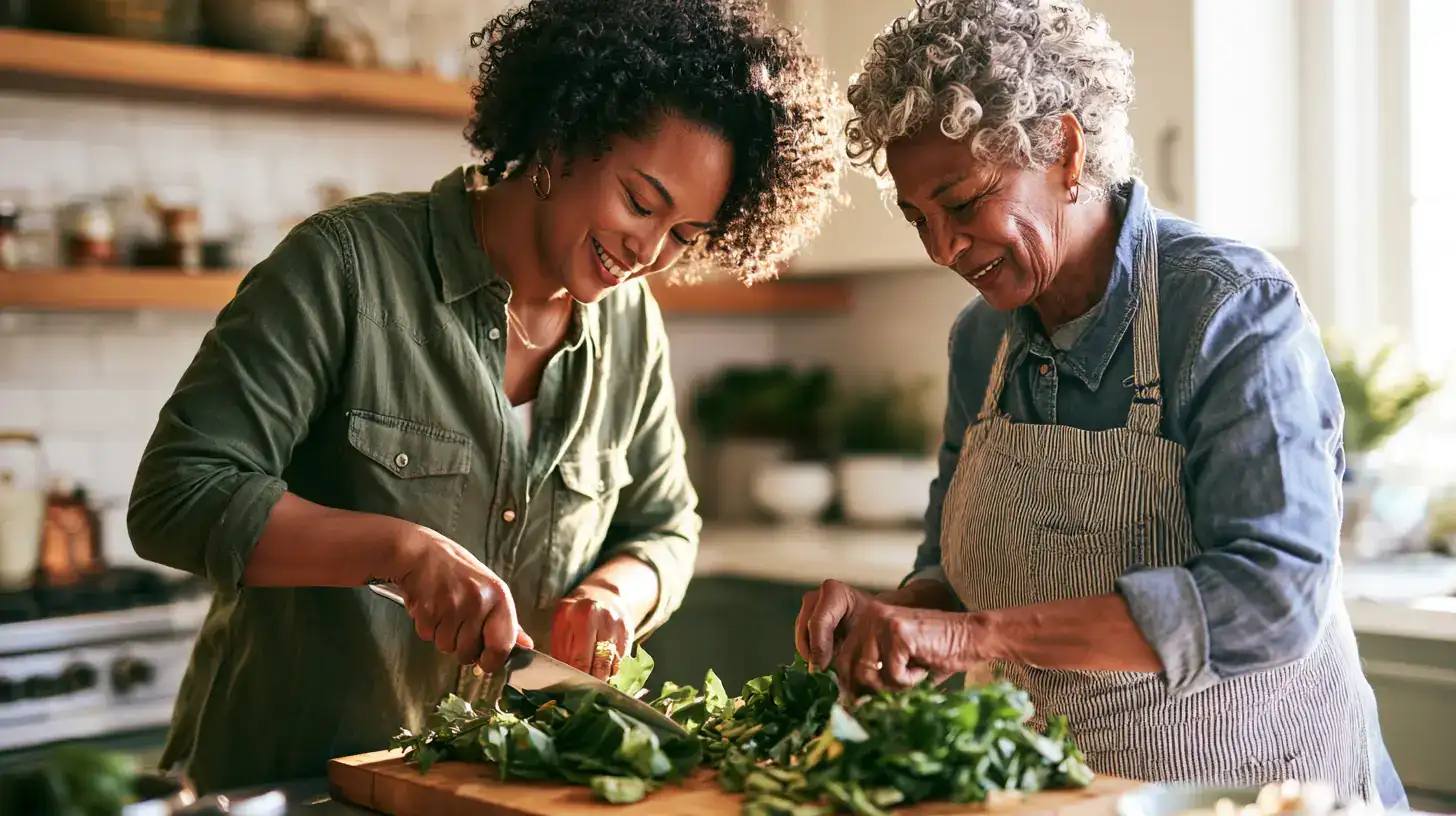 A Black woman in her fifties and her mother in her late seventies chopping side by side at the same board