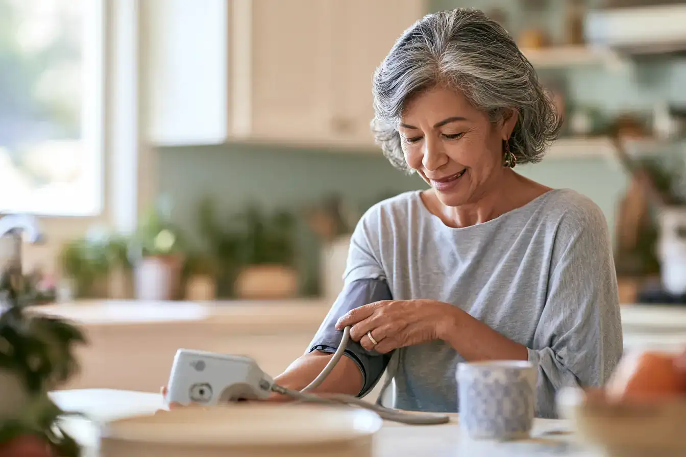 A Latina woman in her sixties rolling a sleeve down after a reading