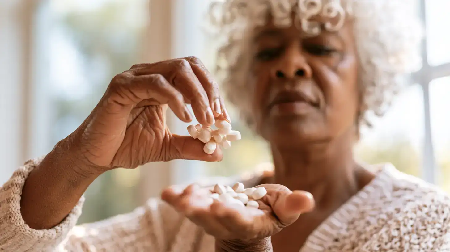 A Black woman in her seventies tipping tablets into a palm by a sunny window