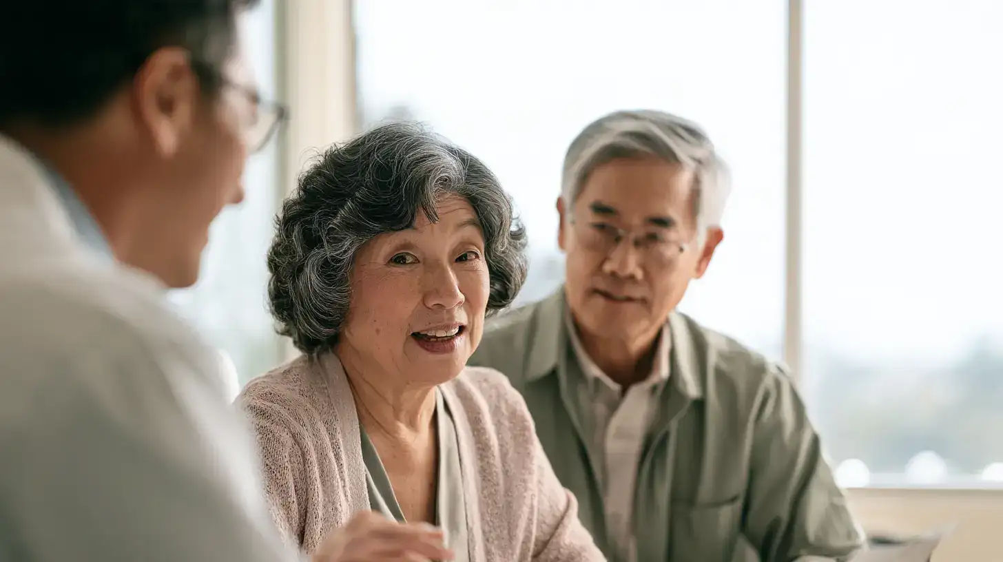 A small group of friends in their sixties and seventies, mixed races and both genders, watching a friend's face intently for the punchline