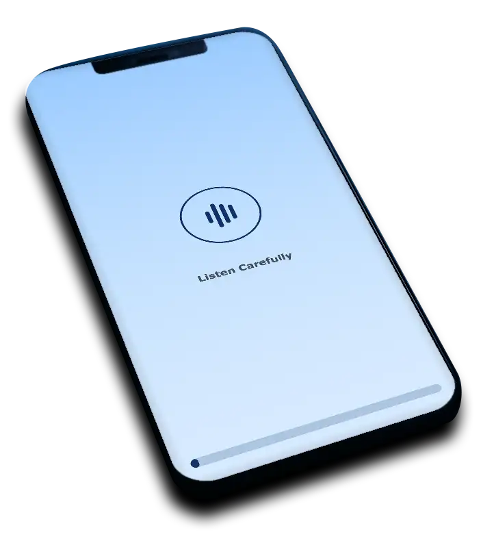A phone showing the Memory Exam Listen Carefully screen
