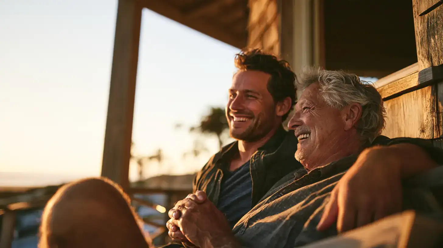 A white man in his fifties and his father in his seventies catching up over the noise of a farmers market